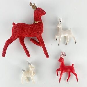 Vintage 4 Reindeer Plastic Vinyl White Flocked Red Glitter Gold Bell Japan Mcm